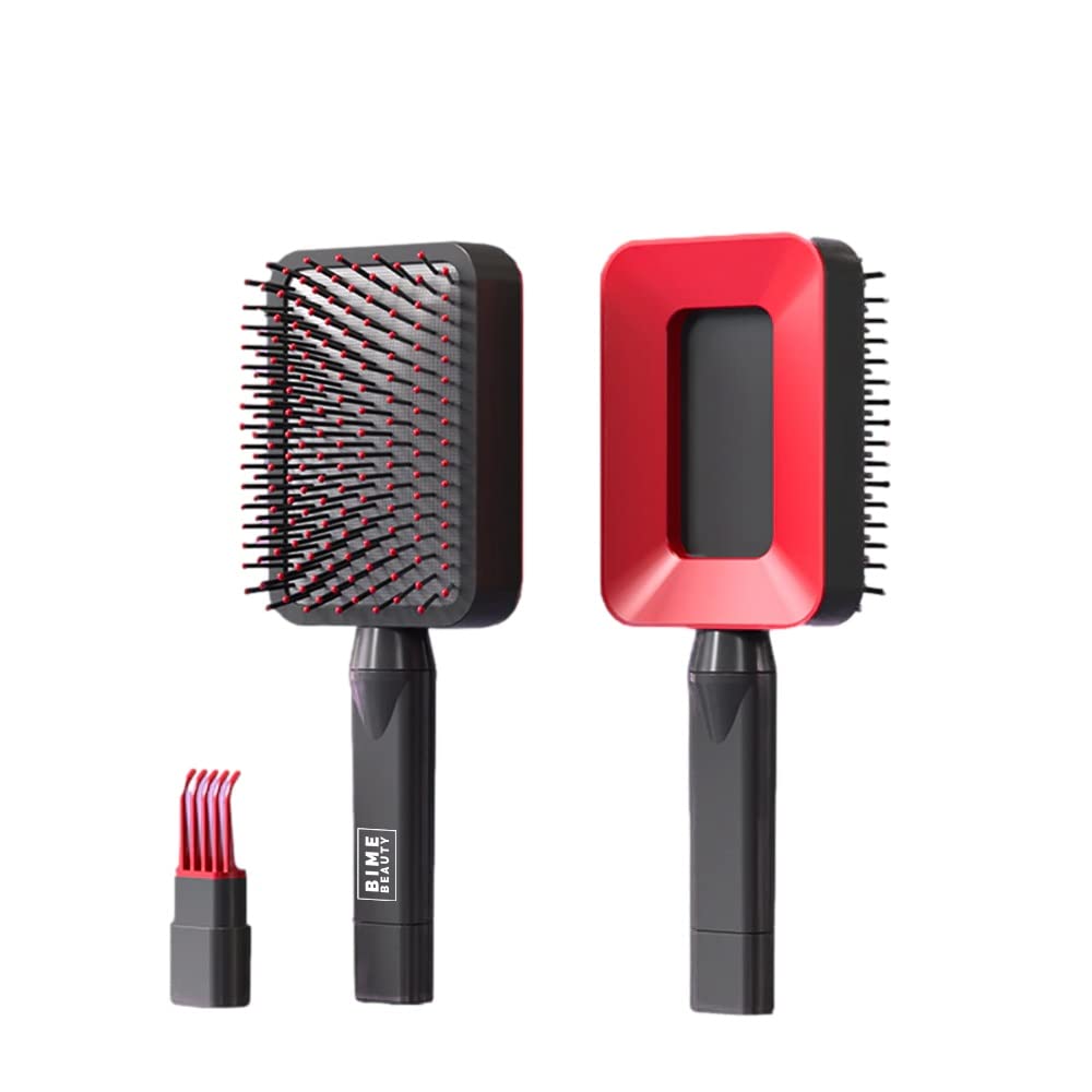 Bime Beauty 3D Self Cleaning Deluxe Rectangular Brush | Detangling hair brushes for women | Massage Brush Comb Used for All Hair Types (Red)