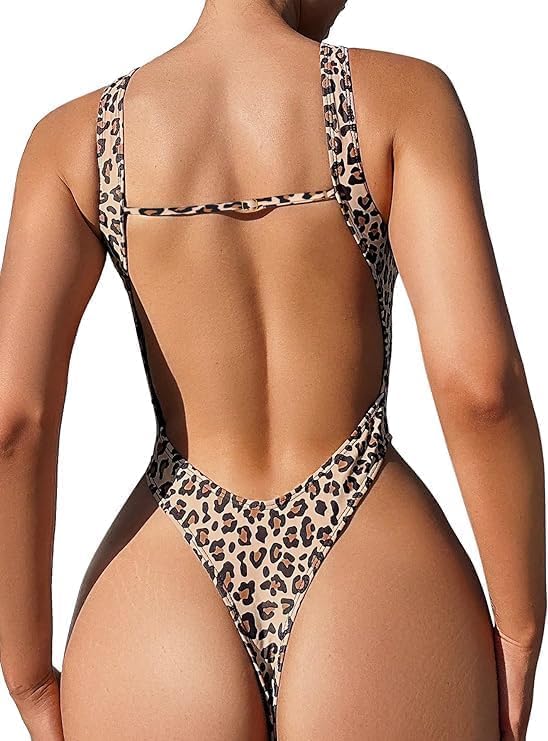 Sexy Backless Cheeky High Cut Leg Thong V Neck One Piece Swimsuit