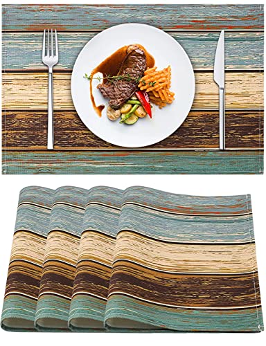 Tischset Grün Tischsets Set von 4 Grünes Tischset Leinen Esstisch Platzsets Farmhouse Tischset Türkis Holz Ideal für Heimdekor Party Indoor Oudoor Esszimmer Holzmaserung Waschbare Tischset 45 X 32 cm Cover