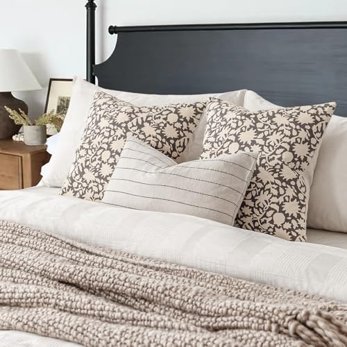 Image of Foindtower Set of 2 Decorative Neutral Floral Throw Pillow Covers Accent Farmhouse Cushion Covers Boho Vintage Pillowcase for Couch Sofa Bedroom Living Room Home Decor,18x18 Inch,Rustic Gray