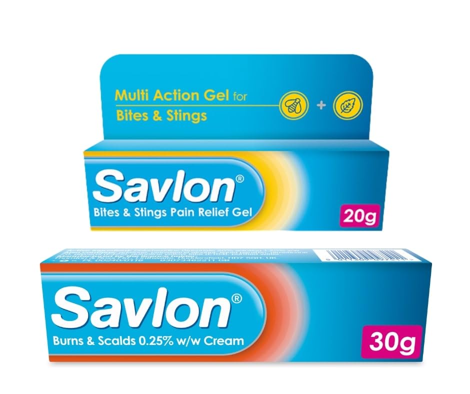 Burns & Scalds 0.25% w/w Cream (1 x 30g), Savlon Bites & Stings Pain Relief Gel (1 x 20g) , Fast-Acting Relief, Soothing, Reduces Swelling and Discomfort, Essential First Aid Bundle (Pack of 2)