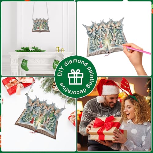 Image of DIY Large Christmas Diamond Art Hanging Kits for Adults, 24.1 x 20.4 cm | Magic Book with Elf and Snowy Forest Design, Crystal Diamond Painting Suncatchers, For Window, Door & Wall Ornaments