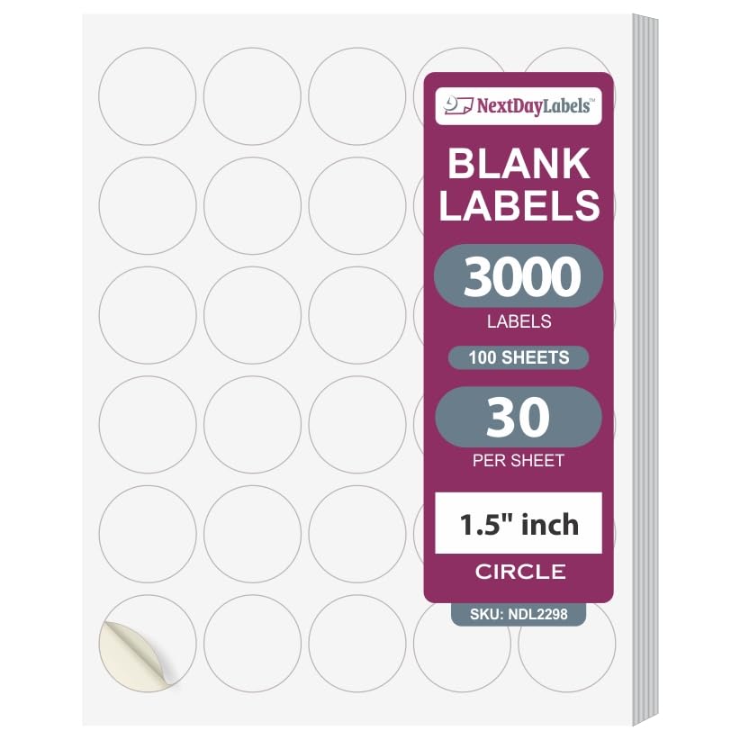 NextDayLabels 1.5 Inch Round Matte White Blank Labels - Circle Stickers for Laser/Inkjet Printers (3000 Labels, 100 Sheets of 30)