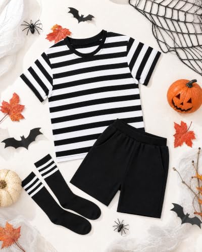 Vivrerizo Black White Striped Costume for Halloween Cosplay Outfit Party M | Striped Design, 3 Pcs Short Sleeve Shirt, Shorts and Stockings Outfit, Lightweight Ployster Fabric, Easy Dress Up - image 5
