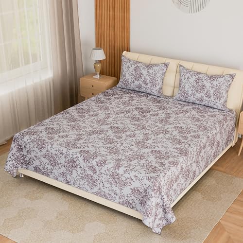 Image of LINENWALAS 100% Cotton Twill Double Size Bedsheet with 2 Pillowcovers | Soft, Breathable & Floral Printed Bedsheet for Double Bed |300 TC | Wrinkle-Resistant,Fade-Proof (229 x 254 CM,Brown Botanical)