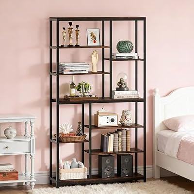 BIGTO Bookcase 39.4"*11.8"*78.8", Black Metal&Particle Board Tall Versatile Staggered Etagere Bookshelf Home Furniture