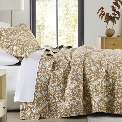 DDUOXIN 3 Piece Queen Quilt Set - 100% Cotton Soft Queen Quilt with 2 Pillow Shams, Botanical Style Floral Print Fall Bedspread Lightweight Comforter Bedding Sets, Khaki/Green