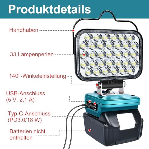 Image of Battery Lamp for Makita 18 V, 66 W Wireless LED Work Light, Battery, 6600 LM Bright LED Spotlight, Portable Floodlights, Construction Site Lamp, Battery Headlight with Type C and USB Charging