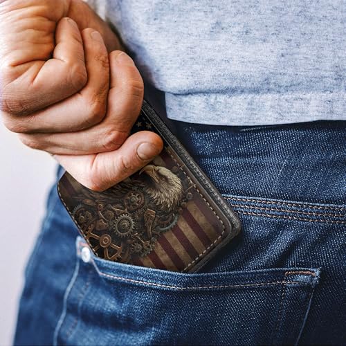 Steampunk Mechanical Clockwork Eagle Leather Men Bi-fold Wallet, Slim Card Holder, Gifts Wallet for Men, A4