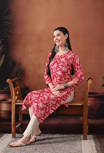 Image of Ichaa Women's Pure Cotton A-Line Katha-Work Ethnic Round-Neck Kurta with 3 /4th Sleeve for Daily and Office Wear, in Plus Sizes