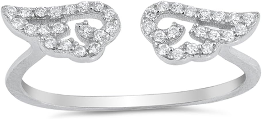 White CZ Open Adjustable Angel Wings Ring .925 Sterling Silver Band Sizes 4-10