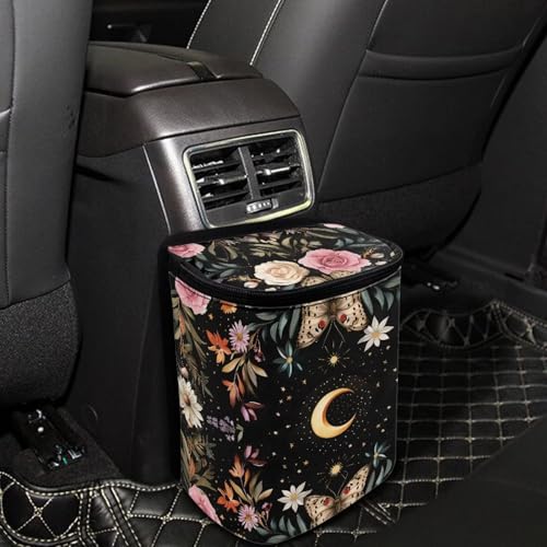 Image of Daisy Moon Print Cars Trash Can with Lid Car Garbage Can Car Waste Basket, Leak-Proof Cars Trash Bin, Van Truck Trash Hanging Sedan Accessories Interior Organizer Bag