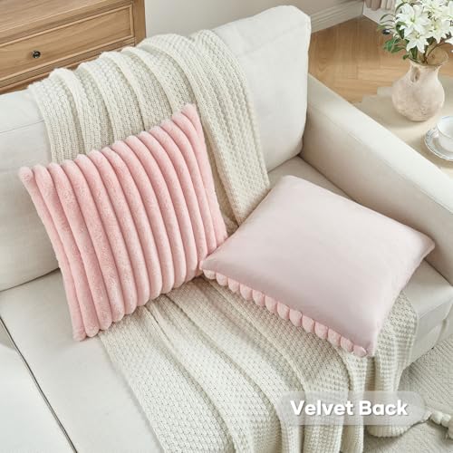 FUTEI Pink Striped Decorative Throw Pillow Covers 20x20 Inch Set of 2,Square Winter Decorations Couch Pillow Case,Soft Cozy Faux Rabbit Fur & Velvet Back,Modern Home Decor for Bed