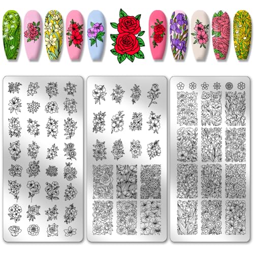 PH PandaHall 3 placas de estampado de uñas de flores, 68 patrones florales de rosas, plantillas de arte de uñas, plantillas de arte de uñas de acero inoxidable, placas de imagen de uñas para mujer,