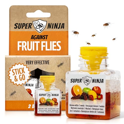 Super Ninja Fruit Fly Trap – 2 pack, Highly Effective Fruit Fly Killer for Home & Kitchen, Up to 3 Weeks of Performance per Bottle, Child & Pet Friendly