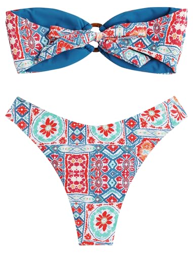 Image of ZAFUL Women's Bandeau Bikini O Ring Strapless Tie Back High Cut Two Piece Swimsuit Bathing Suits