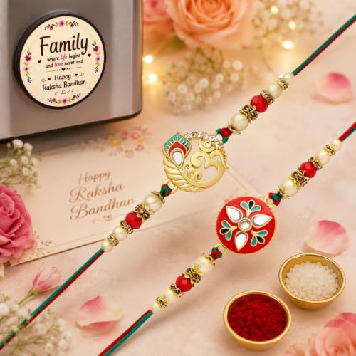 Image of Riddhika Ventures Glorious Gold Plated Auspicious Diamond Ring Rakhi || Traditional Rakhi Set of 2 & Festive Gift || Rakhi Gift Combo for Brother