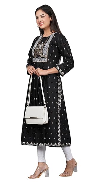 MF Hayat Women Ladies Rayon Printed Naira Cut Long Kurta Kurti