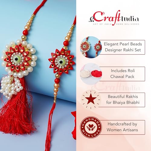 Image of eCraftIndia Set of 2 Kundan Beads Beautiful Peacock Designer Rakhis with Roli Chawal Pack