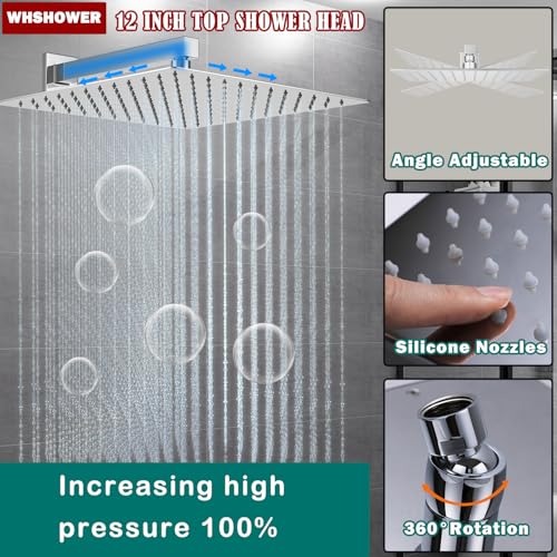 Sistema de ducha con mezcladora y pantalla digital de temperatura WHSHOWER con 6 jets corporales, cabezal cuadrado de 12 pulgadas, acabado cromado miniatura 2