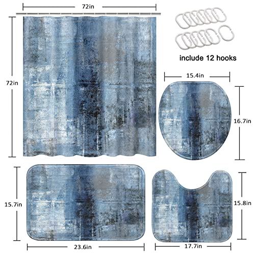 4 Pcs Shower Curtain Set, Blue And Grey Abstract Art Shower Curtain With Non-Slip Rugs, Toilet Lid Cover And Bath Mat, Bathroom Sets Decorations 72" X 72" #TOP1