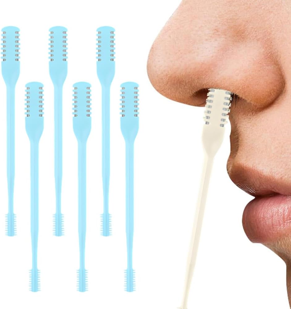 2-in-1 Nasal Hair Cutter, Nose Hair Trimmer for Men Women, 360° Rotating Portable Manual Nose Hair Remover Tool with Ear Picker, Double Sided Noses Hairs Knife Travel Essentials (Blue, 6PC)