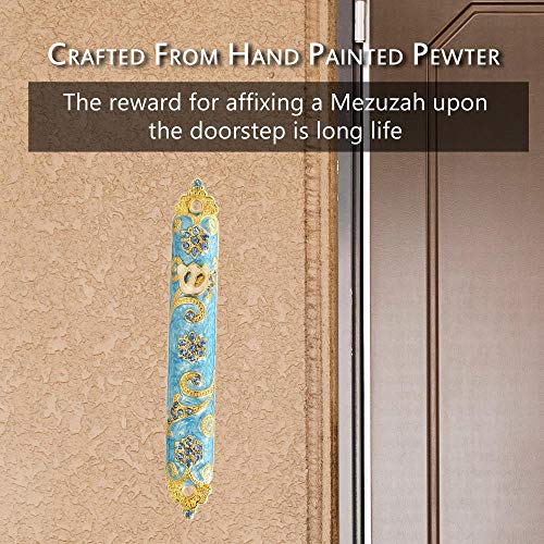Matashi 4.5" Hand Painted Mezuzah Embellished With A Rich Blue Judaica Design 24K Gold Plated And Crystals, (Mtmz573) #TOP6