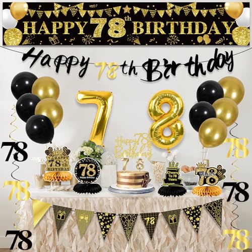 Image of 78th Birthday Decorations for Men, Black Gold 78th Party Decoration Kits | 27pcs Happy 78th Birthday Set, Banner, Honeycomb, Balloons, Gold Number, Candle, Hanging Swirls, Cake Topper, Party Supplies