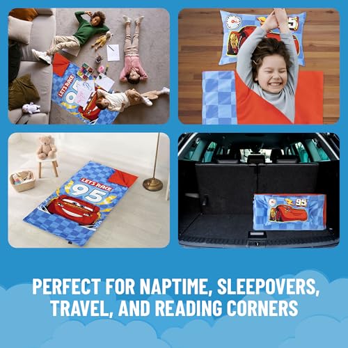 Image of Jay Franco Kids Slumber Bag and Pillow - 54 x 27 Inch Comfy Indoor Sleeping Bag for School and Sleepovers, 2 Piece Set, Blue - Cars