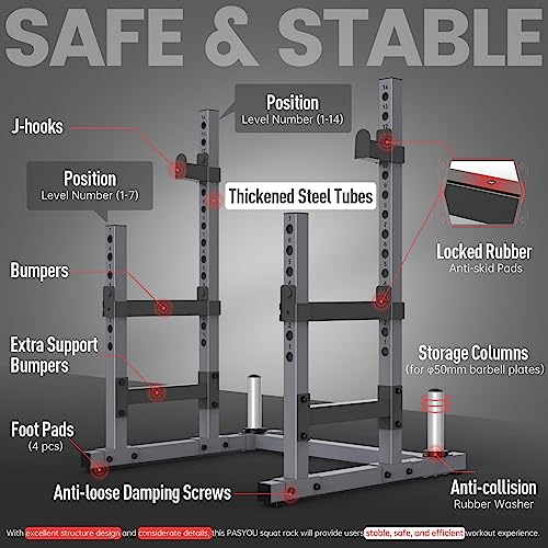 Image of PASYOU Adjustable Squat Rack Stand, Barbell Weight Rack for Home Gym | Heavy-Duty Squat Rack Stand, Adjustable Height, Suitable for Squat, Bench Press, Strength Training, Max Load 1800 LBS