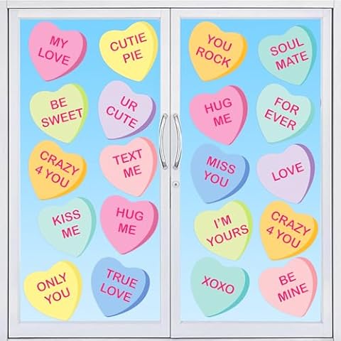 12 Sheets Valentine's Day Window Clings Conversation Heart Double-Sided Window Stickers Decals Candy Heart Window Decorations for Valentine's Day Home (Assorted Color) Cover
