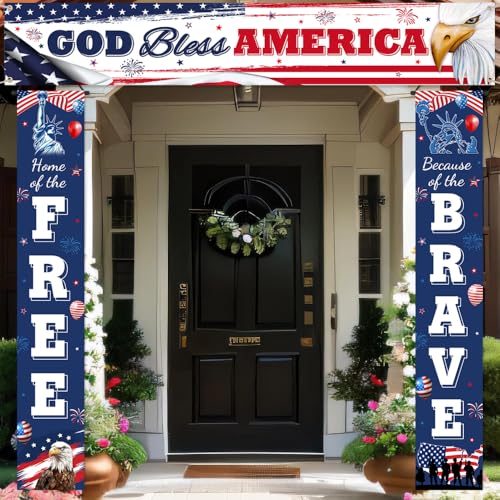 Image of AIBIIN God Bless American Decorations for 4th of July Memorial Day Porch Sign BannersPatriotic Decoration Hanging Banner Independence Day Veterans Day Hanging Banner for Yard Indoor Outdoor