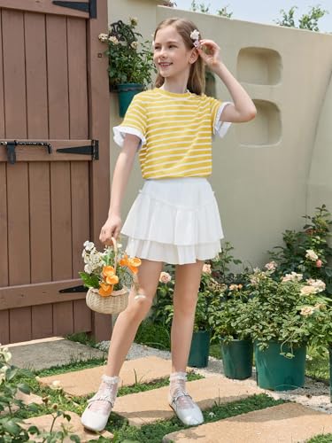 Image of Haloumoning Girls Striped Ruffle Short Sleeve T Shirts Kids Summer Crewneck Tops Casual Tees 5-14 Years