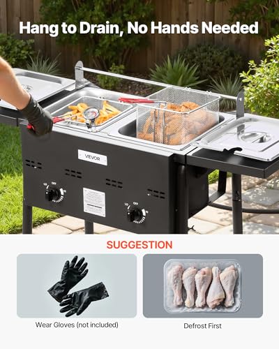 VEVOR Friteuse au Gaz Propane à Double Cuve 9Lx2, Appareil de Cuisson au Propane en Acier Inoxydable, Autoportant avec Plateforme Pliable et Réglage de la Chaleur, pour Extérieur Restaurant Snack-bar – Image 6