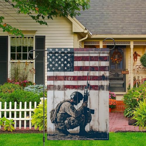Image of Nuxovilar Kneeling Soldier Veteran Garden Flag 12x18 Inches Polyester | Patriotic Flag, Military Banner soldier garden sign, veterans memorial display porch, lawn, patio (Kneeling Soldier)