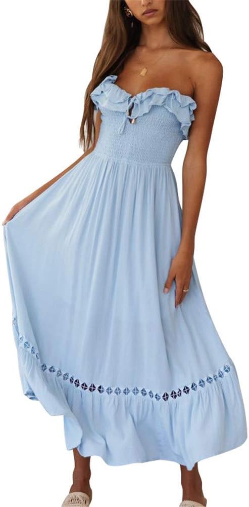 SAUKOLEWomen's Summer Sleeveless Strapless Ruffle Off The Shoulder Swing Cocktail Party Dress