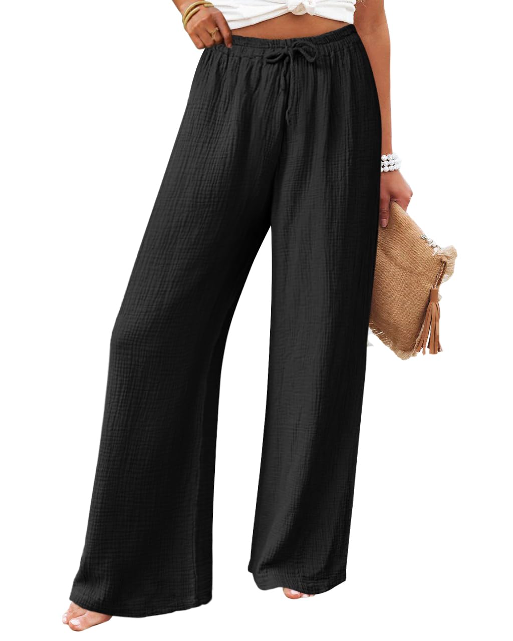 miduo Womens Cotton Drawstring Elastic High Waist Palazzo Pants Wide Leg Pants Casual Lounge Pant Trousers
