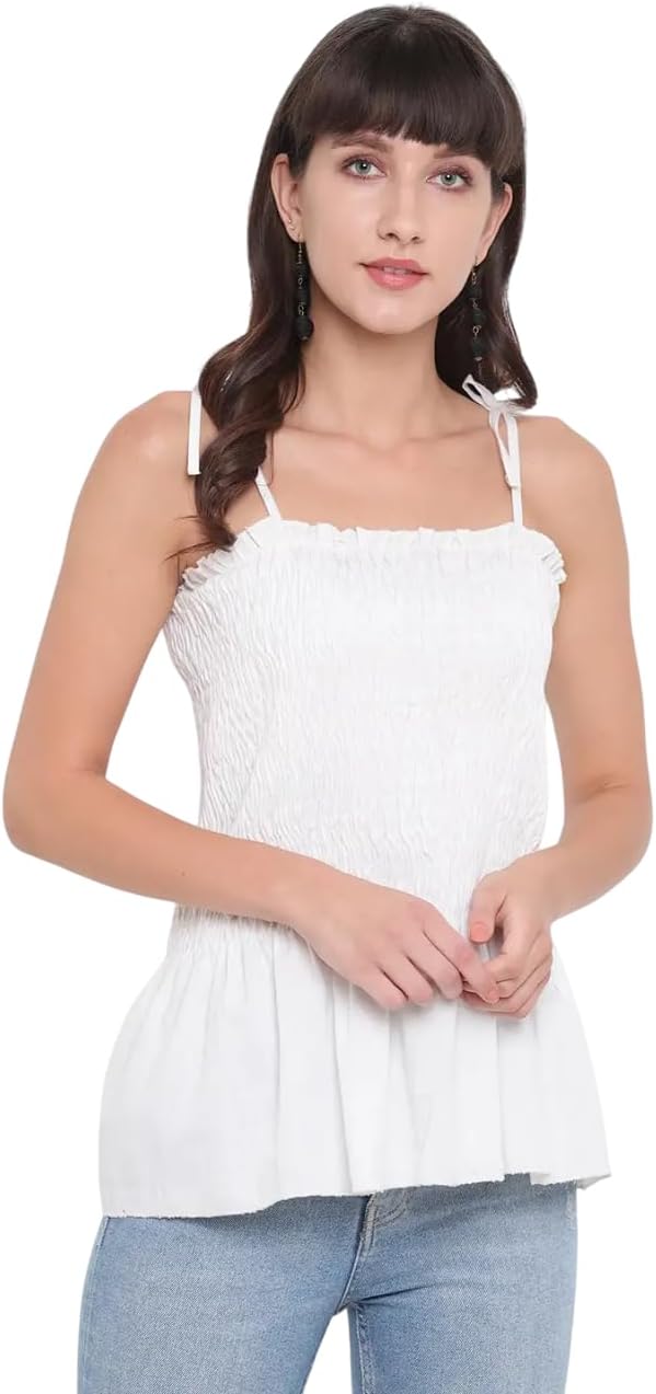 Bigdave Women's Rayon Solid Casual Summer Style Tie Shoulder Straps Free Size Tank Top (White)