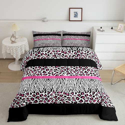 Image of Feelyou Pink Leopard Comforter Set Queen Size, Zebra Print Comforter for Kids Boys Girls Pink Black Bedding Set Safari Animal Duvet Insert Bed Set 3Pcs