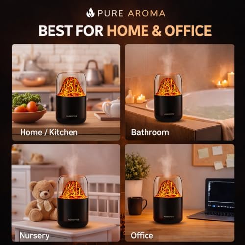 Image of Pure Aroma Volcano Shape Humidifier with Flame Effect LED Light | Ultrasonic Cool Mist Aroma Diffuser | USB Powered | Silent Operation | Ideal for Bedroom, Office & Car - 300ML
