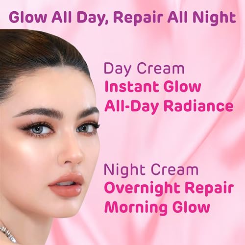 Image of Get Nectar Happiness Glow Brightening Day & Night Cream Duo with Glutathione, Alpha Arbutin, Niacinamide, Kojic Acid & Ferulic Acid for Dark Spots, Pigmentation, Tan Removal & Glowing Skin for Men & Women Lightweight & Non-Greasy 15x2=30g Each