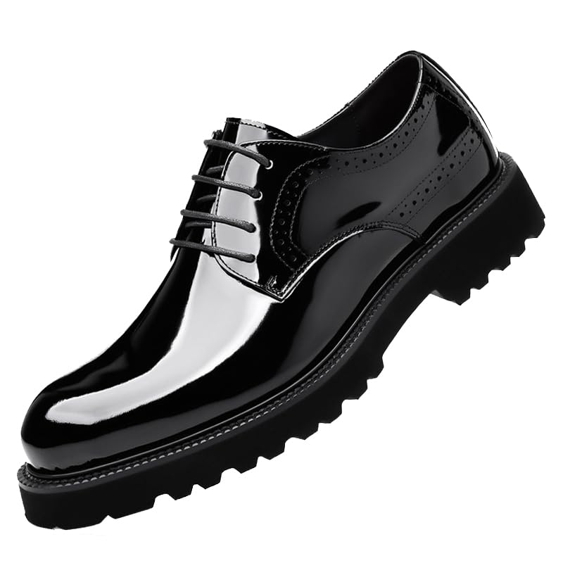 Men's Patent Leather Lace Up Platform Work Oxfords Round Toe Slip Resistant Low Top Lug Sole Brogues Dress Shoes Comfortable Business Formal Shoes