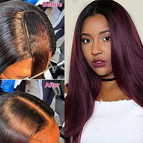 18inch Straight U Part Wig Human Hair 1B/99J Burgundy Ombre U Part Wig 150% Colored 4x1inch Small Leave Out Middle Part Wine Red Upart Wig Full Head Clip in Half Wig None Lace Wigs for Black Women