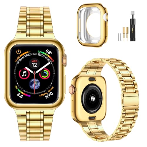 Image of MioHHR Solid Stainless Steel Band Compatible with Apple Watch 46mm (Series 11 10), Metal Strap with Soft TPU Case for iWatch Series 11 /10 46mm Women and Men, Gold
