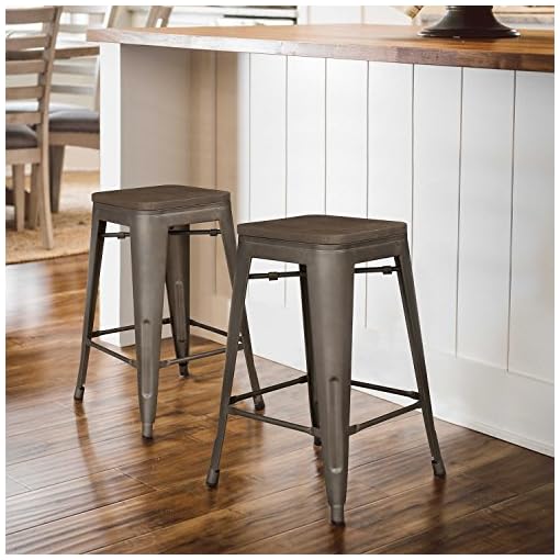 Devoko Metal Bar Stool 24'' Indoor Outdoor Stackable Barstools Modern Industrial Vintage Gun Counter Wood Top Bar Stools Set of 4 (Gun) - Image 3