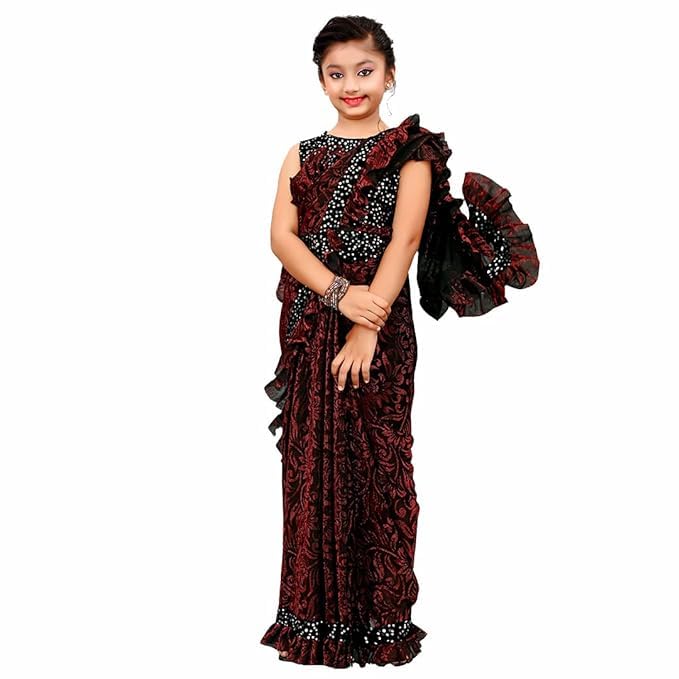 Kids Girls Lycra Blend Ready To Wear Saree With Sequence Blouse Piece (3-4 yrs to 11-12 yrs) (Red, 3-4 Years - S)-image-37