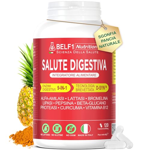BELF1 | Enzimi Digestivi Complesso 9-in-1 Formula Brevettata D-SYN™ | Sgonfia Pancia Naturale Con Bromelina, Lattasi, Curcuma, Vitamina B12 | Supporta Digestione Totale e Gonfiore Addominale | 120 cps