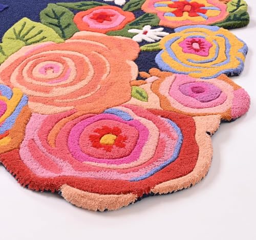 Image of Hand-Tufted Wool Large Carpet for Living Room 12x18 feet Blue Multicolor Floral Anti-Skid High Pile Thick Carpet & Rugs for Bedroom & Hall