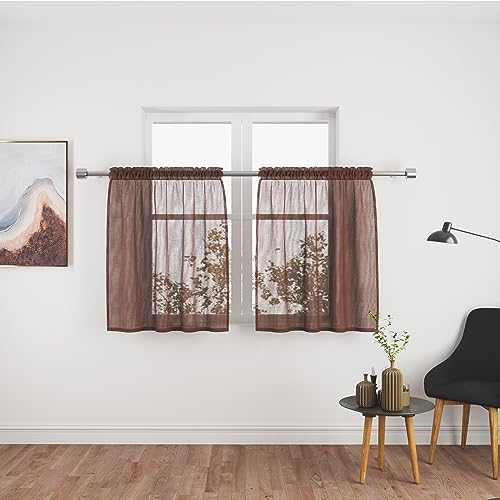 UPOPO Coffee Brown Sheer Tier Curtains 36 inches Long Voile Kitchen Tiers Linen Textured Cafe Curtains Bathroom Basement Short Small Curtain Panels for Door Half Window Curtains 2 Panels Rod Pocket