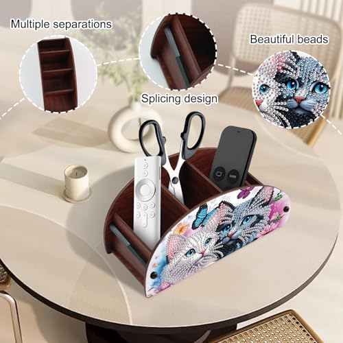 Image of DIY Diamond Painting Storage Box Couple Cats, Handmade 5D Diamond Art Case Multi-Compartment Wooden Desktop Organizer for TV AC Remotes Makeup Brushes Pens Tabletop Holder, Valentine's Day Gift